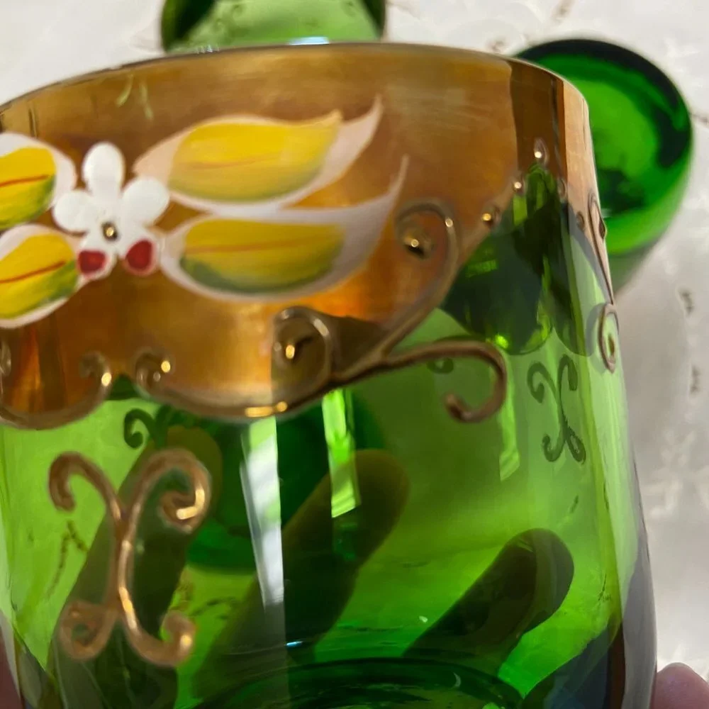 5 VTG Moser Czech Glass Whiskey Green Gold Gilt Enamel Bohemian